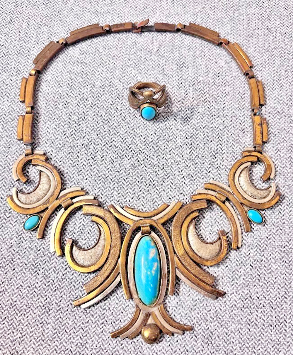 Vtg GELCIC CHILE Patricio Court Brutalist Two Tone Turquoise Necklace Ring Set